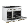 Forno Antico 48-Inch Freestanding Gas Range, White, Antique Brass Design, 8 Burners, Griddle, Double Ovens, Energy Efficient