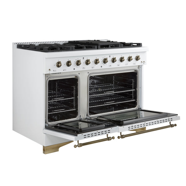 Forno Antico 48-Inch Freestanding Gas Range, White, Antique Brass Design, 8 Burners, Griddle, Double Ovens, Energy Efficient