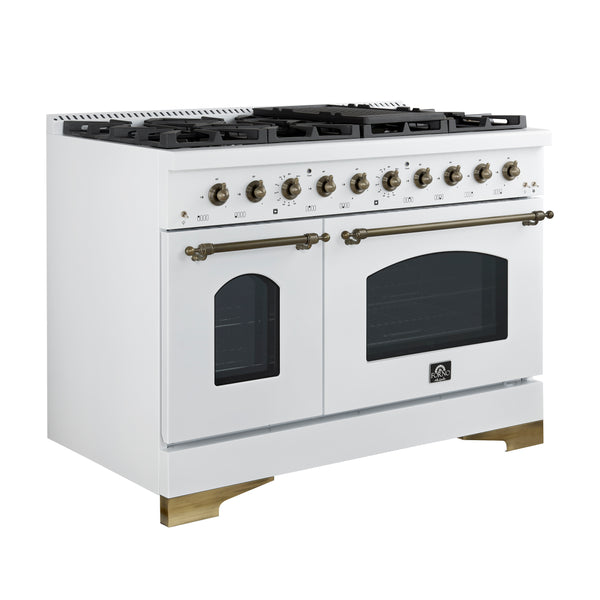 Forno Antico 48-Inch Freestanding Gas Range, White, Antique Brass Design, 8 Burners, Griddle, Double Ovens, Energy Efficient