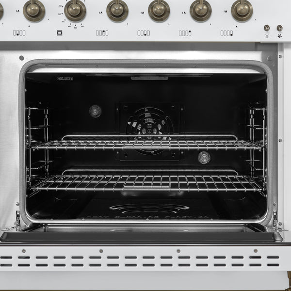 Forno Antico 48-Inch Freestanding Gas Range, White, Antique Brass Design, 8 Burners, Griddle, Double Ovens, Energy Efficient