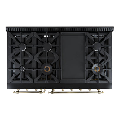 Forno Antico 48-Inch Freestanding Gas Range, Black, Antique Brass Design, 8 Burners, Griddle, Double Ovens, Energy Efficient