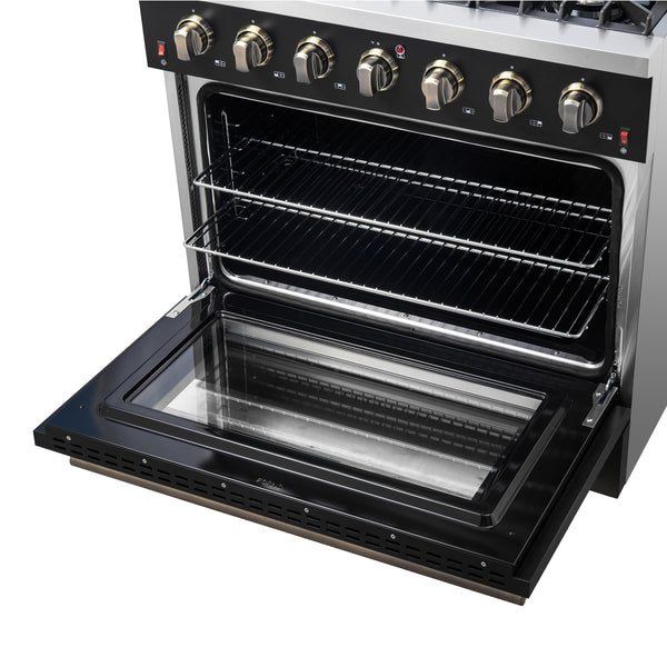 Forno Galiano 36-inch Freestanding Gas Range in Black with Antique Brass Design, 6 Burners, 83,000 BTU, 5.36 cu.ft. Convection Oven