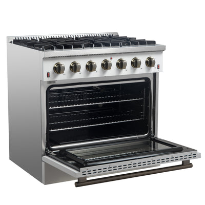 Forno Galiano 36-inch Freestanding Gas Range in White with Antique Brass Design, 6 Burners, 83,000 BTU, 5.36 cu.ft. Convection Oven