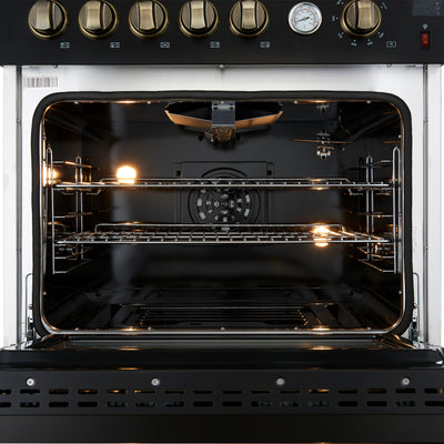 Giovanni 30-inch Gas Range Black & Antique Brass Design, 5 Burners 67,000 BTU, 4.32 cu.ft. Convection Oven