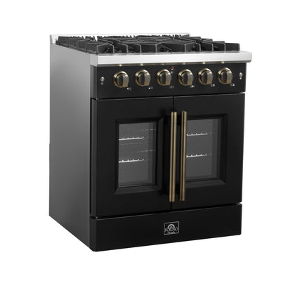 Forno Galiano 30-inch French Door Gas Range Black and Antique Brass Design, 5 Sealed Burners 68,000 BTU,4.32 cu.ft. Convection Oven