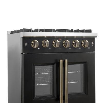 Forno Galiano 30-inch French Door Gas Range Black and Antique Brass Design, 5 Sealed Burners 68,000 BTU,4.32 cu.ft. Convection Oven