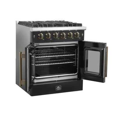 Forno Galiano 30-inch French Door Gas Range Black and Antique Brass Design, 5 Sealed Burners 68,000 BTU,4.32 cu.ft. Convection Oven