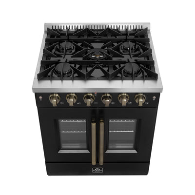 Forno Galiano 30-inch French Door Gas Range Black and Antique Brass Design, 5 Sealed Burners 68,000 BTU,4.32 cu.ft. Convection Oven