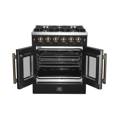Forno Galiano 30-inch French Door Gas Range Black and Antique Brass Design, 5 Sealed Burners 68,000 BTU,4.32 cu.ft. Convection Oven