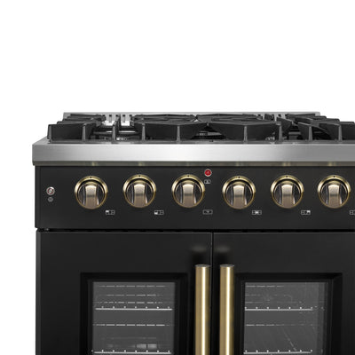 Forno Galiano 30-inch French Door Gas Range Black and Antique Brass Design, 5 Sealed Burners 68,000 BTU,4.32 cu.ft. Convection Oven
