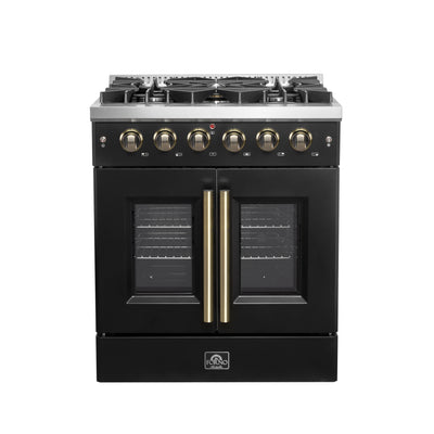 Forno Galiano 30-inch French Door Gas Range Black and Antique Brass Design, 5 Sealed Burners 68,000 BTU,4.32 cu.ft. Convection Oven
