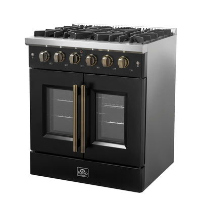 Forno Galiano 30-inch French Door Gas Range Black and Antique Brass Design, 5 Sealed Burners 68,000 BTU,4.32 cu.ft. Convection Oven