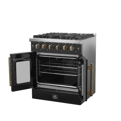 Forno Galiano 30-inch French Door Gas Range Black and Antique Brass Design, 5 Sealed Burners 68,000 BTU,4.32 cu.ft. Convection Oven