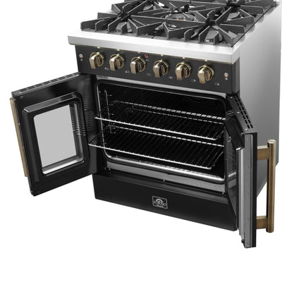 Forno Galiano 30-inch French Door Gas Range Black and Antique Brass Design, 5 Sealed Burners 68,000 BTU,4.32 cu.ft. Convection Oven