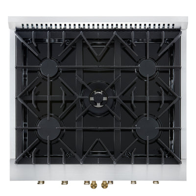 Forno Galiano 30-inch French Door Gas RangeWhite with Antique Brass Design, 5 Burners,68,000 BTU, 4.32 cu.ft. Convection Oven