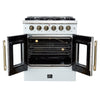 Forno Galiano 30-inch French Door Gas RangeWhite with Antique Brass Design, 5 Burners,68,000 BTU, 4.32 cu.ft. Convection Oven