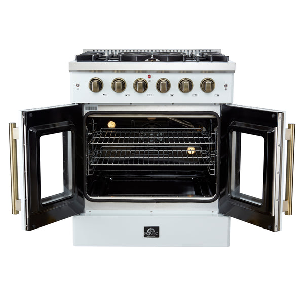 Forno Galiano 30-inch French Door Gas RangeWhite with Antique Brass Design, 5 Burners,68,000 BTU, 4.32 cu.ft. Convection Oven