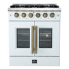 Forno Galiano 30-inch French Door Gas RangeWhite with Antique Brass Design, 5 Burners,68,000 BTU, 4.32 cu.ft. Convection Oven