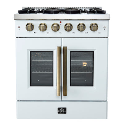 Forno Galiano 30-inch French Door Gas RangeWhite with Antique Brass Design, 5 Burners,68,000 BTU, 4.32 cu.ft. Convection Oven