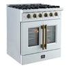 Forno Galiano 30-inch French Door Gas RangeWhite with Antique Brass Design, 5 Burners,68,000 BTU, 4.32 cu.ft. Convection Oven