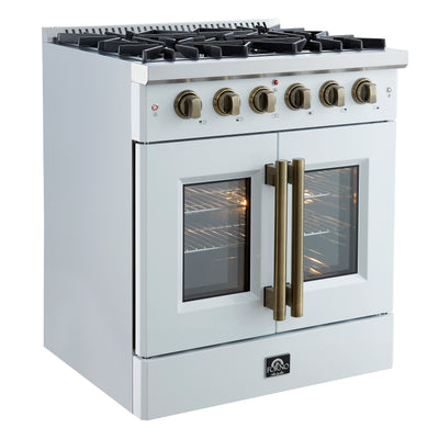 Forno Galiano 30-inch French Door Gas RangeWhite with Antique Brass Design, 5 Burners,68,000 BTU, 4.32 cu.ft. Convection Oven