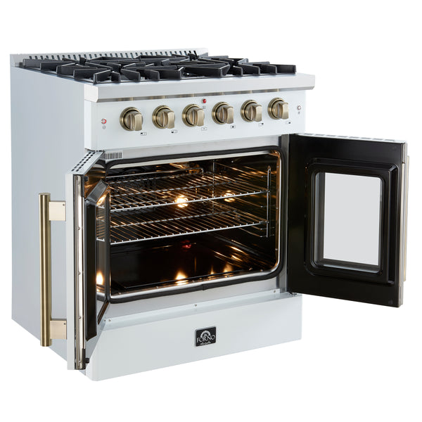 Forno Galiano 30-inch French Door Gas RangeWhite with Antique Brass Design, 5 Burners,68,000 BTU, 4.32 cu.ft. Convection Oven