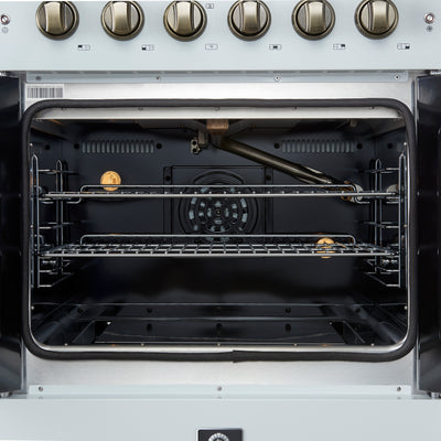 Forno Galiano 30-inch French Door Gas RangeWhite with Antique Brass Design, 5 Burners,68,000 BTU, 4.32 cu.ft. Convection Oven