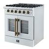 Forno Galiano 30-inch French Door Gas RangeWhite with Antique Brass Design, 5 Burners,68,000 BTU, 4.32 cu.ft. Convection Oven
