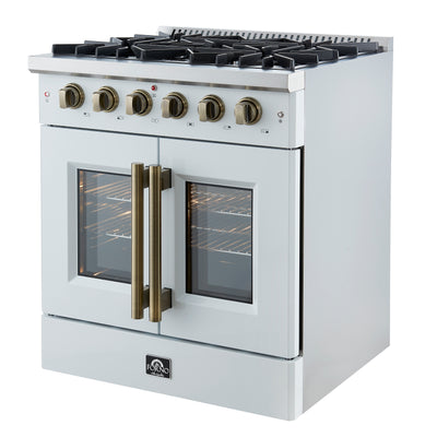 Forno Galiano 30-inch French Door Gas RangeWhite with Antique Brass Design, 5 Burners,68,000 BTU, 4.32 cu.ft. Convection Oven