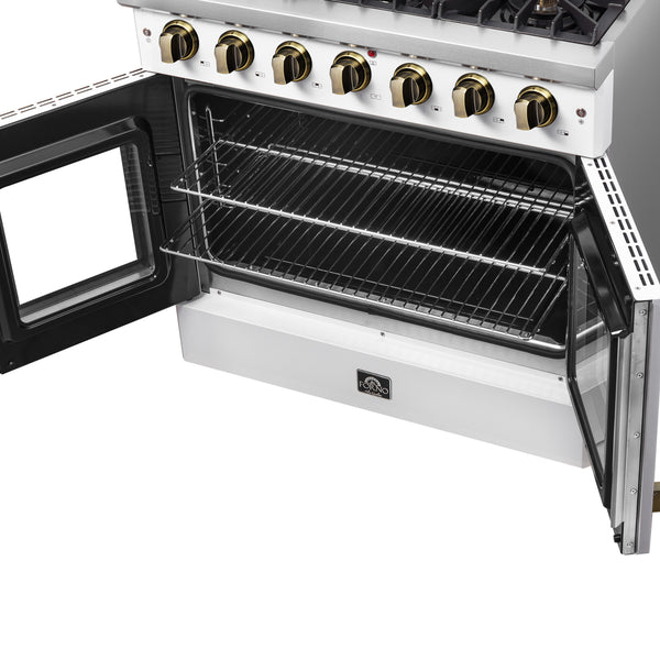 Forno Galiano 36-inch French Door Gas Range White and Antique Brass Design, 6 Sealed Burners 83,000 BTU, 5.36 cu.ft. Convection Oven