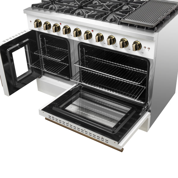 Forno Galiano 48-Inch Freestanding French Door Gas Range, White & Antique Brass