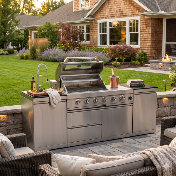 Cherylife S00043 NG 85-Inch 4-Burner 72,000 BTU Natural Gas Grill Island – Deluxe Outdoor Kitchen with Side Burner, Rotisserie, Granite Countertops, Sink/Faucet, Storage