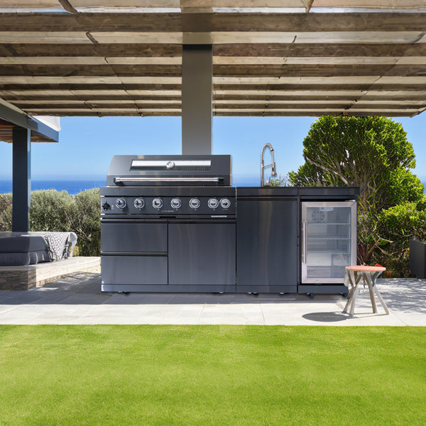 CheryLife 82-Inch 6-Burner 85000 BTU Propane Gas Outdoor Kitchen Island Grill – All-in-One Prefab BBQ Station with Wine Cooler, Compact Refrigerator, Rotisserie Kit, Granite Countertops & Stainless Steel Sink