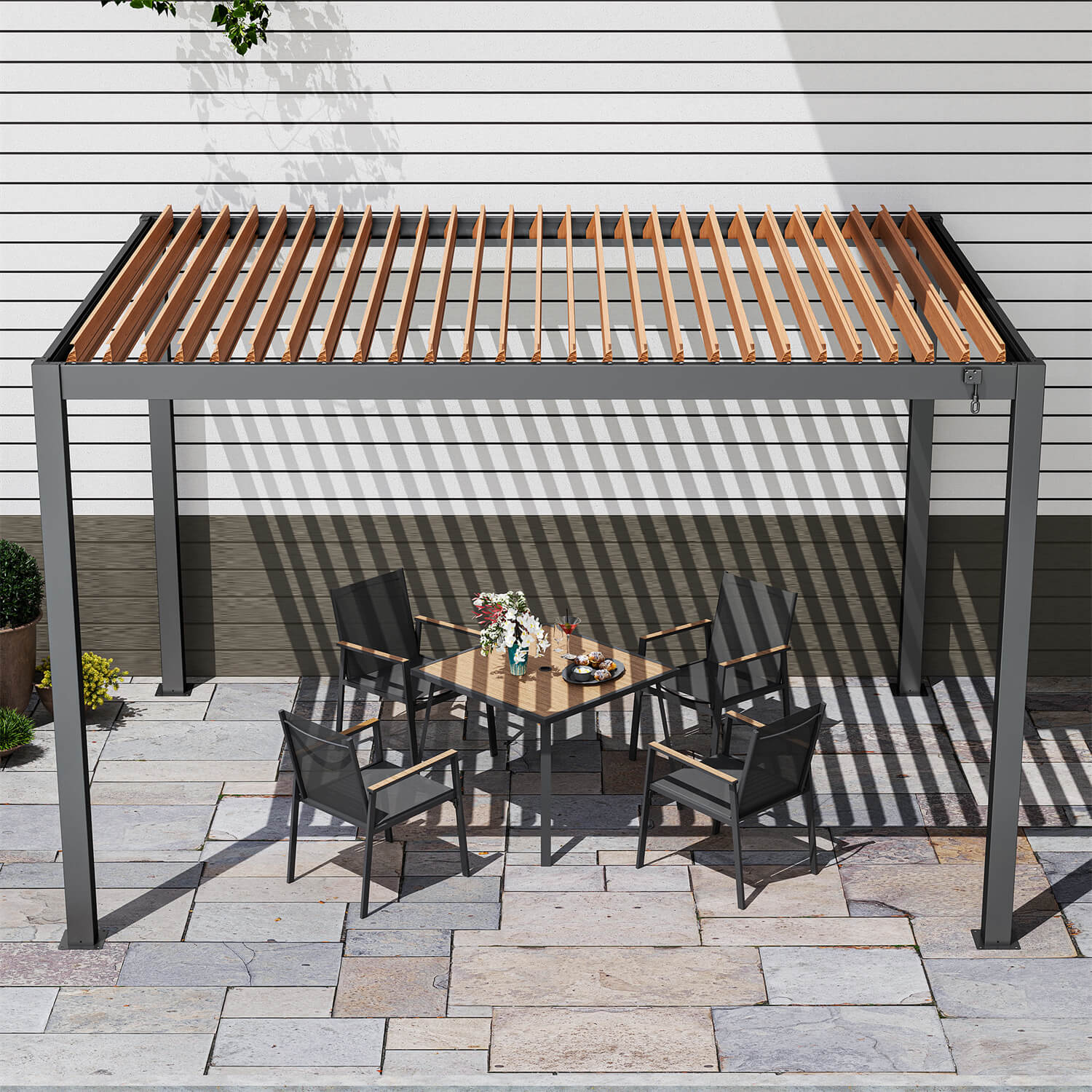 Outdoor Louvered Pergola 10x13 Ft with Gutter with Adjustable Roof#color_wooden