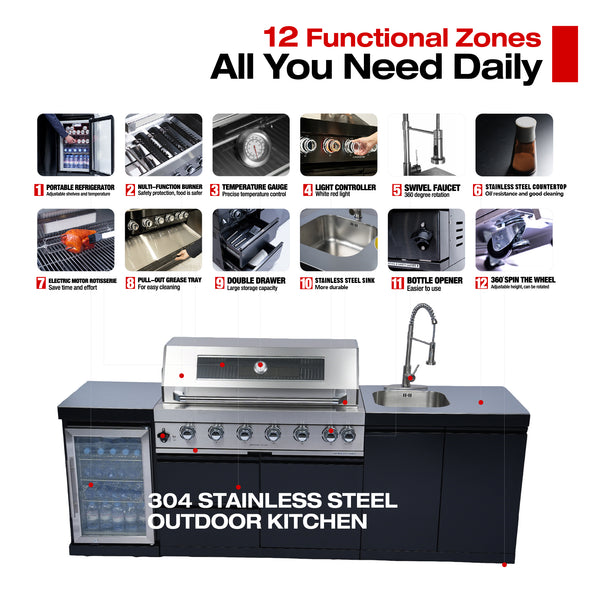 Cherylife NG 96-Inch 6-Burner 72,000 BTU Natural Gas Grill Island – Outdoor Kitchen with Wine Cooler, Refrigerator, Rotisserie, Stainless Steel Countertop & Storage