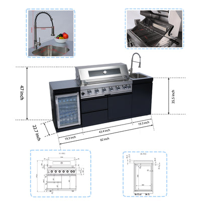 Cherylife 82-Inch 6-Burner 85,000 BTU Gas Grill Island – Outdoor Kitchen with Wine Cooler, Refrigerator, Rotisserie, Stainless Steel Countertop & Storage