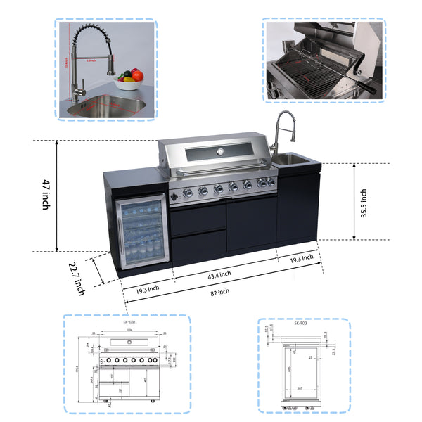 Cherylife 82-Inch 6-Burner 85,000 BTU Gas Grill Island – Outdoor Kitchen with Wine Cooler, Refrigerator, Rotisserie, Stainless Steel Countertop & Storage