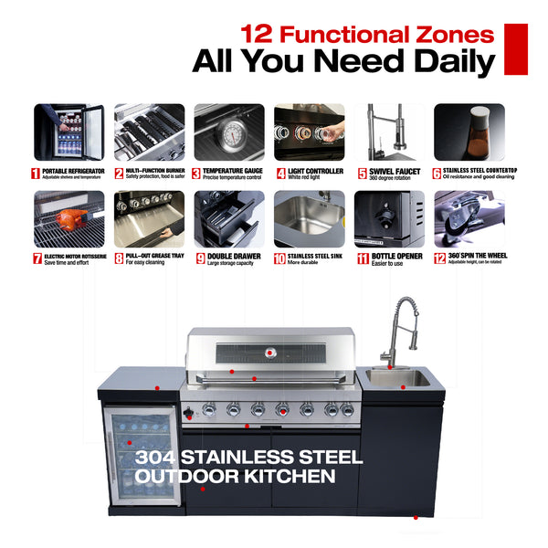 Cherylife NG 82-Inch 6-Burner 72,000 BTU Natural Gas Grill Island – Outdoor Kitchen with Wine Cooler, Refrigerator, Rotisserie, Stainless Steel Countertop & Storage