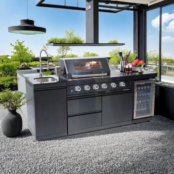 Cherylife S00006 NG 85-Inch 4-Burner 72,000 BTU Natural Gas Grill Island – Outdoor Kitchen with Refrigerator, Wine Cooler, Rotisserie, Granite Countertop & Sink