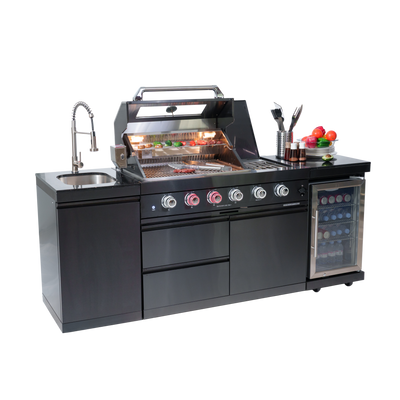 Cherylife 85-Inch 4-Burner 72,000 BTU Gas Grill Island – Outdoor Kitchen with Wine Cooler, Refrigerator, Rotisserie, Granite Countertops & Stainless Steel Sink