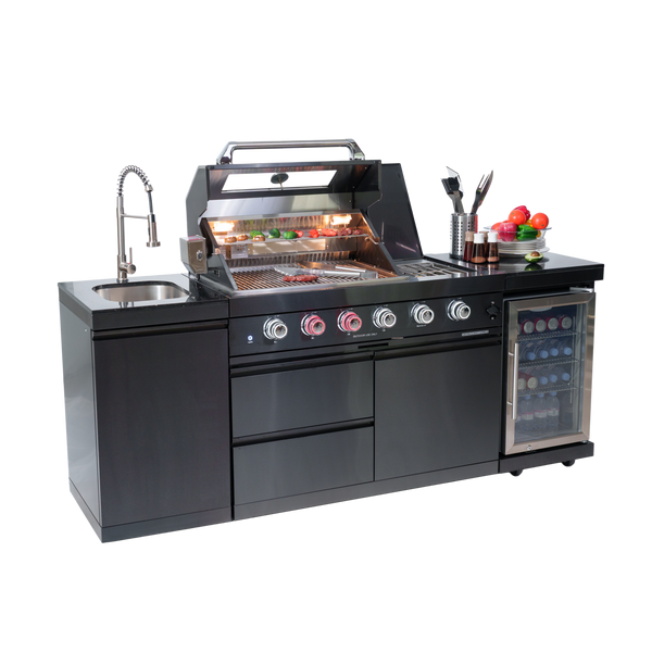 Cherylife 85-Inch 4-Burner 72,000 BTU Gas Grill Island – Outdoor Kitchen with Wine Cooler, Refrigerator, Rotisserie, Granite Countertops & Stainless Steel Sink