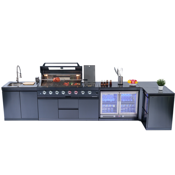 Cherylife 157-Inch 6-Burner 96,000 BTU Gas Grill Island – Outdoor Kitchen with Wine Cooler, Refrigerator, Rotisserie, Granite Countertops & Storage