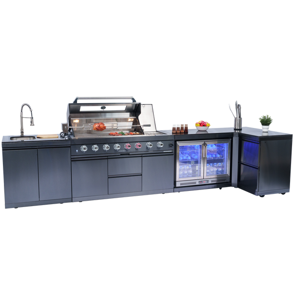 Cherylife 157-Inch 6-Burner 96,000 BTU Gas Grill Island – Outdoor Kitchen with Wine Cooler, Refrigerator, Rotisserie, Granite Countertops & Storage