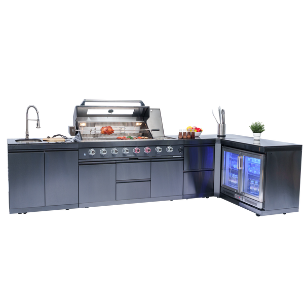 Cherylife 157-Inch 6-Burner 96,000 BTU Gas Grill Island – Outdoor Kitchen with Wine Cooler, Refrigerator, Rotisserie, Granite Countertops & Storage