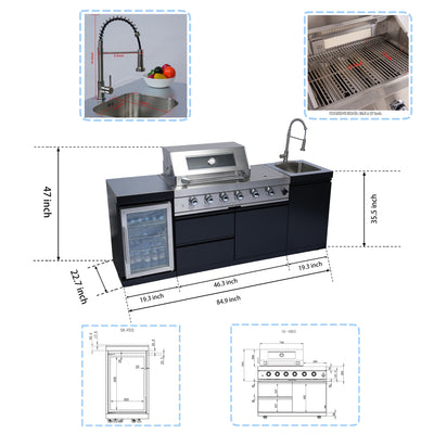 Cherylife 85-Inch 4-Burner 72,000 BTU Gas Grill Island – Outdoor Kitchen with Wine Cooler, Refrigerator, Rotisserie, Stainless Steel Countertop & Storage