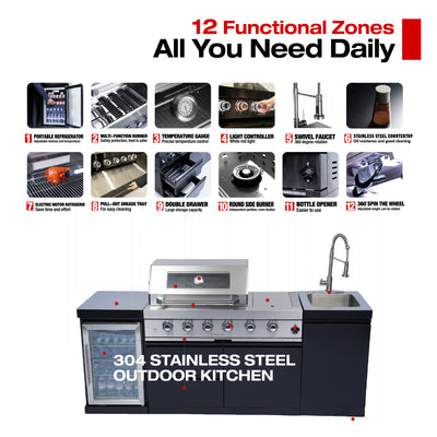 Cherylife 85-Inch 4-Burner 72,000 BTU Gas Grill Island – Outdoor Kitchen with Wine Cooler, Refrigerator, Rotisserie, Stainless Steel Countertop & Storage