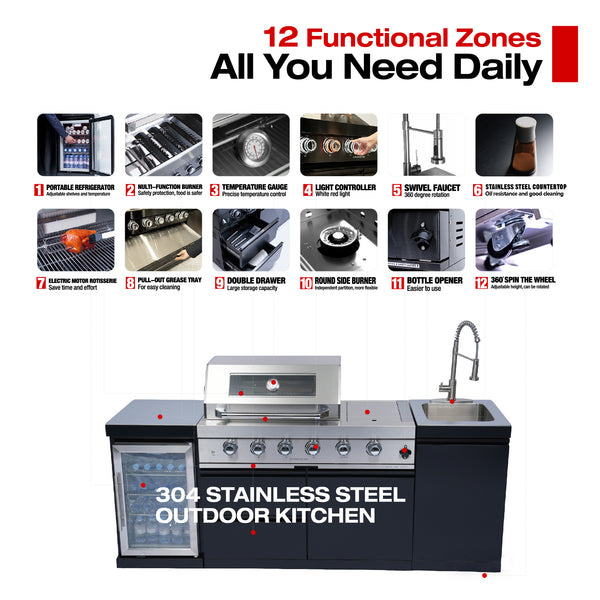 Cherylife 85-Inch 4-Burner 72,000 BTU Gas Grill Island – Outdoor Kitchen with Wine Cooler, Refrigerator, Rotisserie, Stainless Steel Countertop & Storage