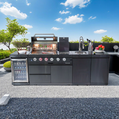 Cherylife 85-Inch 4-Burner 72,000 BTU Gas Grill Island – Outdoor Kitchen with Wine Cooler, Refrigerator, Rotisserie, Granite Countertops & Sink
