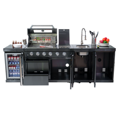 Cherylife 85-Inch 4-Burner 72,000 BTU Gas Grill Island – Outdoor Kitchen with Wine Cooler, Refrigerator, Rotisserie, Granite Countertops & Sink