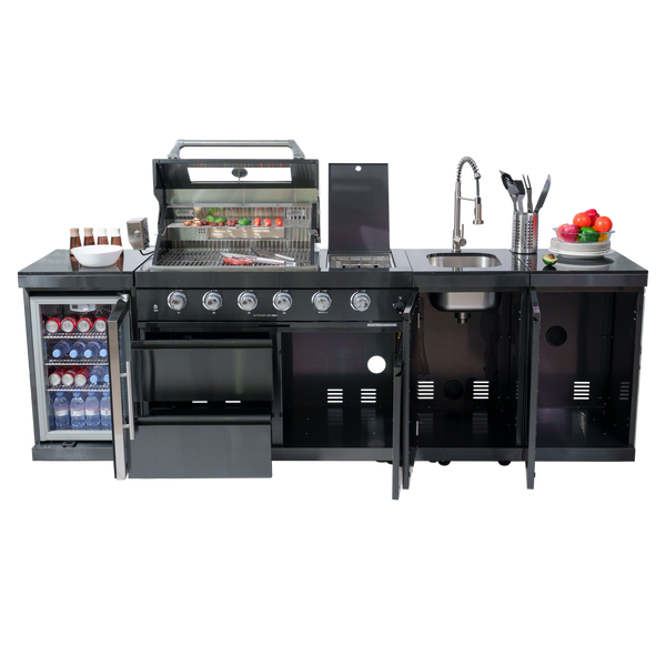 Cherylife NG 85-Inch 4-Burner 72,000 BTU Natural Gas Grill Island – Outdoor Kitchen with Wine Cooler, Compact Refrigerator, Rotisserie, Granite Countertop & Sink